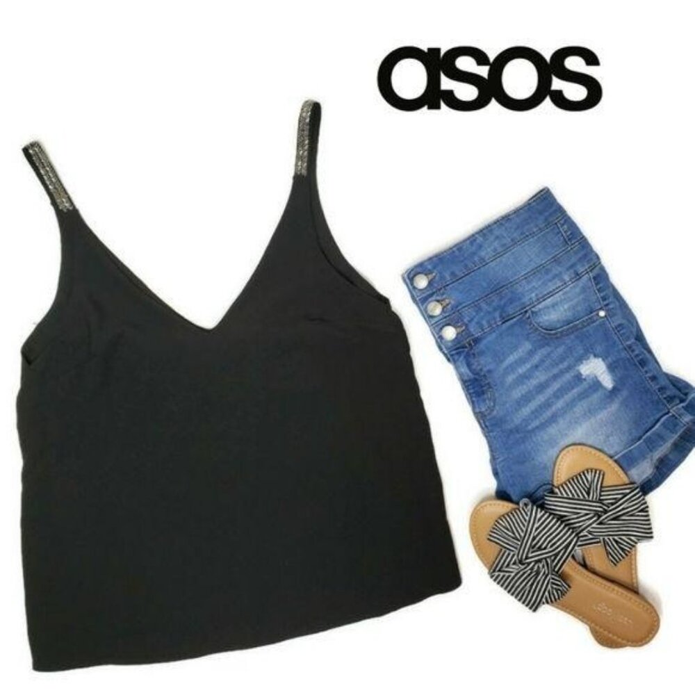ASOS NWT Womens Black Sleeveless V-Neck Top With Embellished Straps Size 4